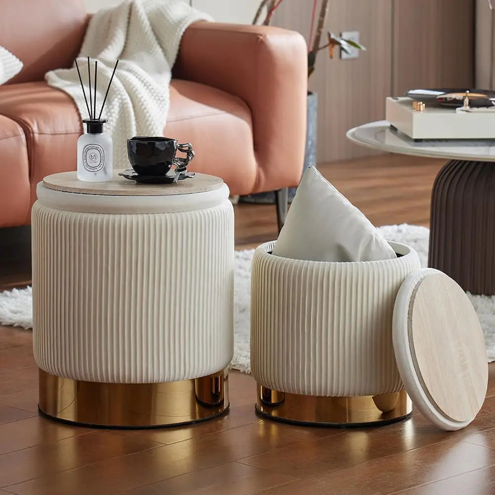 Round Ottoman with Storage Set of 2 Upholstered Velvet Vanity Stool for Living Room Ottomans Multifunctional Foot Rest