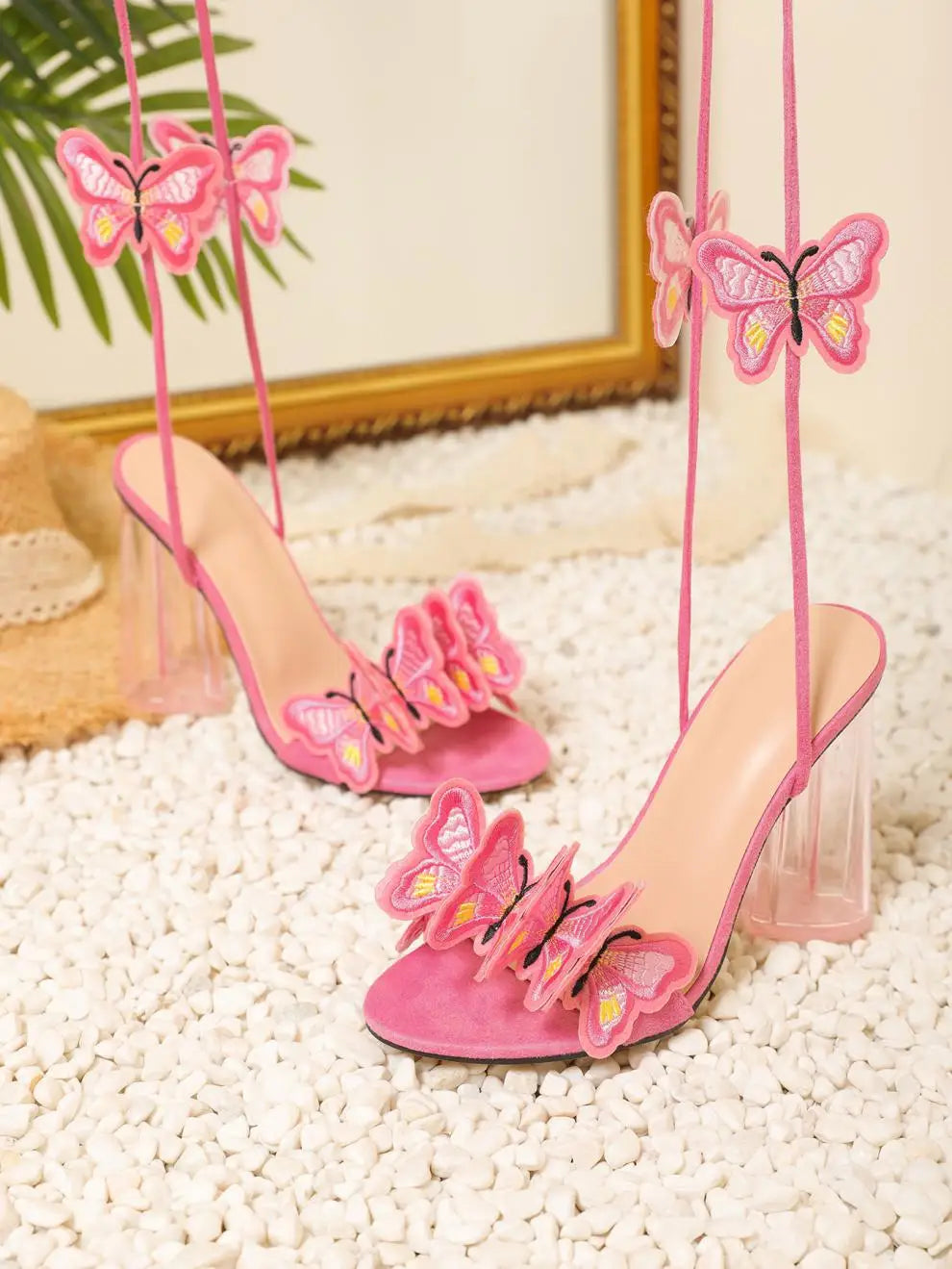 Pink Crystal High Heels Embroidered Butterfly Lace-up Sandals
