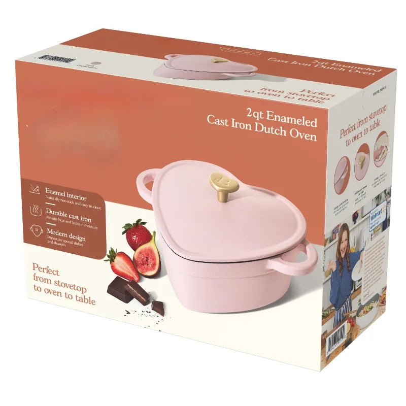 Pink Enameled Cast Iron Dutch Oven Heart-Shaped Pot with Lid, Dual Handles, Works on All Stovetops, Oven Safe to 500°F, 2-Quart