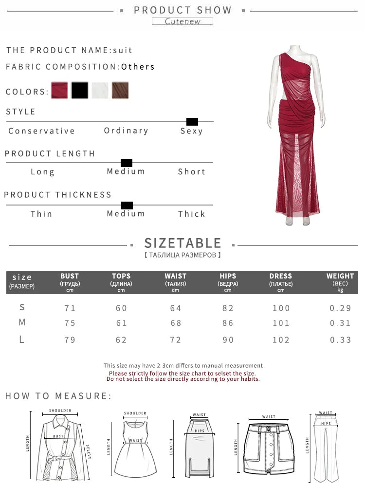 Irregular 2 Piece Set Women Double Deck Mesh Diagonal Collar Tank Top+Ruched Maxi Skirts Matching Outfit