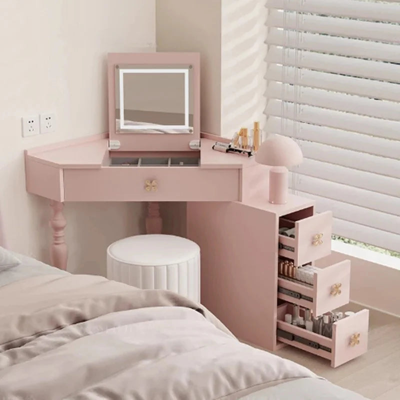 Small Pink Makeup Vanity Table with Mirror and Drawers for Bedroom Storage - Stylish Coiffeuse Furniture