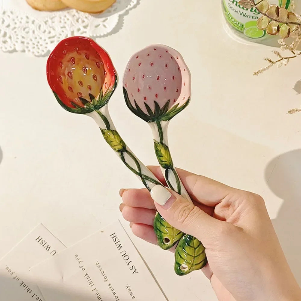 Strawberry Ceramic Spoon, Watermelon Panda Underglaze Household Cute Long Handle Children Eat Dessert Spoons Tableware