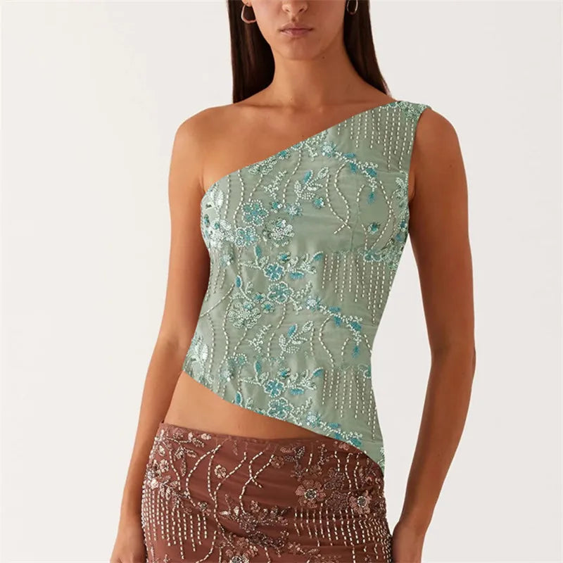 Women Y2k Sequin Sparkle Crop Tops Sexy One Shoulder Asymmetrical Backless Tank Top Glitter Beaded Rhinestone Slim Shirt