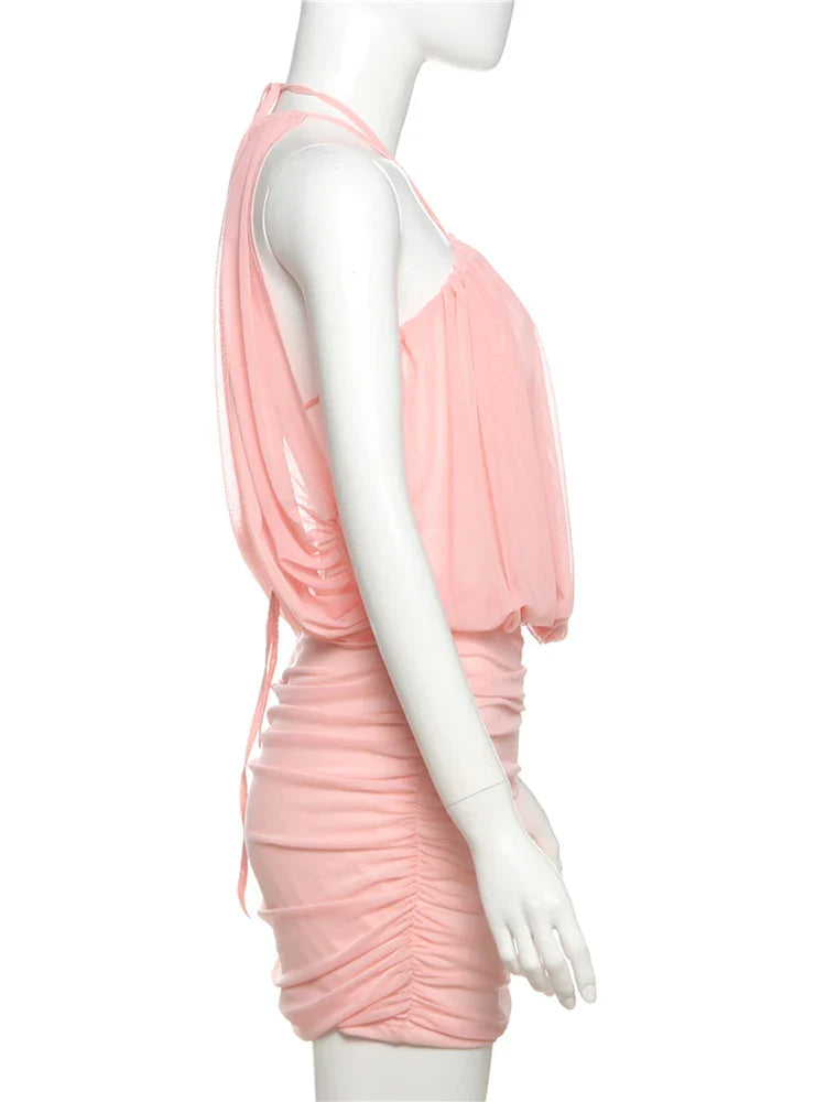 Ruched Sexy Mesh Dress Women Elegant Backless Draping Strapless Bodycon