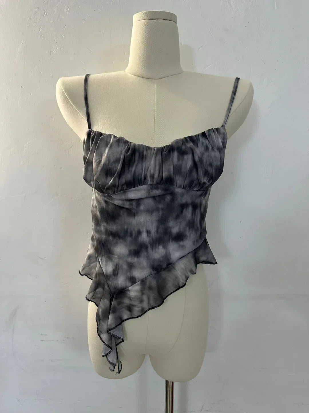 Girls Sweet Ruffles Mesh Camisole Top Lady Camis Sleeveless Printed Floral T shirts Stretch Slim Tanks For Slim Women