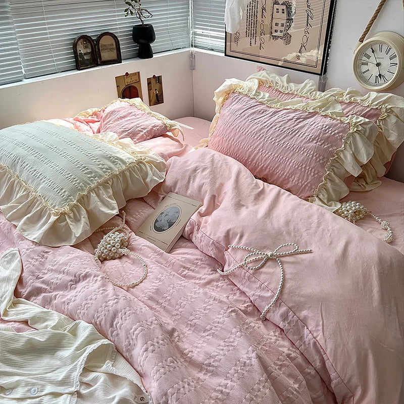 Princess Style Lace Ruffles Bedding Set Skin-friendly Duvet Cover Set Fitted Sheet/Bed Sheet Pillowcases