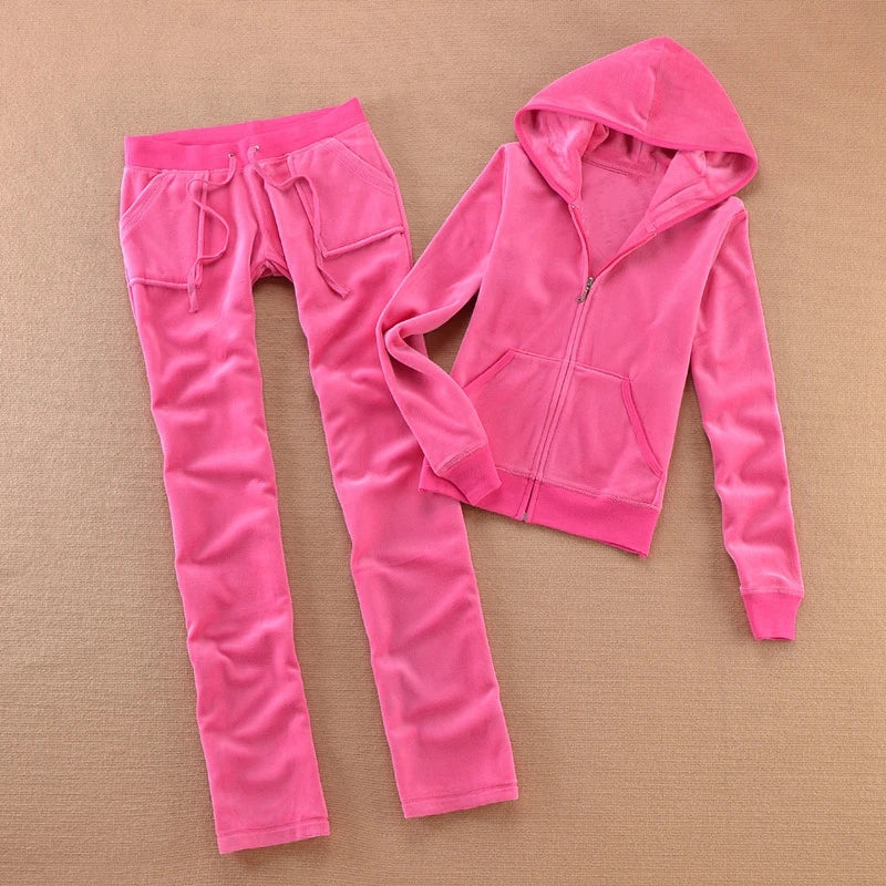 Solid Color Velvet Tracksuit For Women Two Piece Spring Women's Sweatshirt and Trousers Set