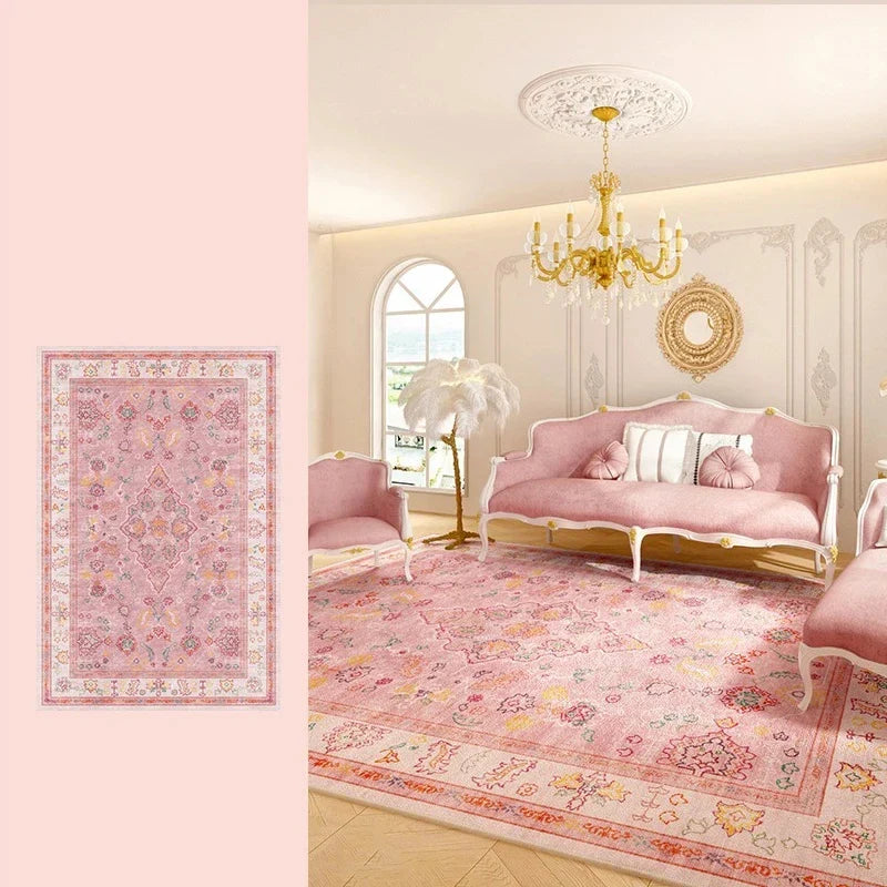 Living Room Carpet Pink Retro Carpets Soft Foot Mat Bedroom Bedside Floors Non-slip Advanced Light Luxury Home Decoration Rug