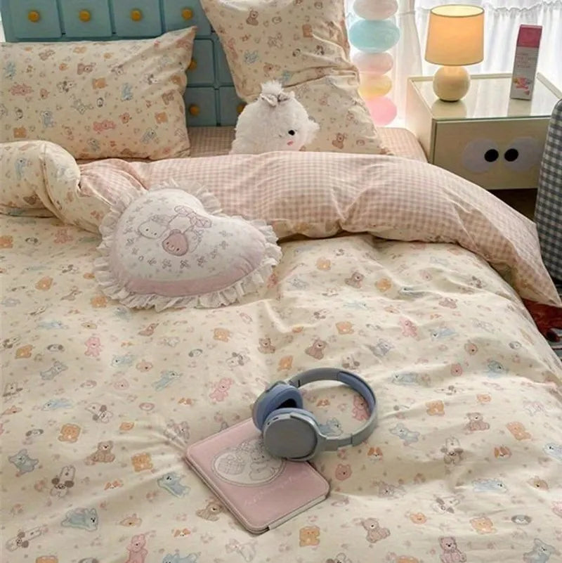 Cute Cartoon Bedding Set New No Filler Ins Soft Duvet Cover Flat Sheet Pillowcases Comforter Cover