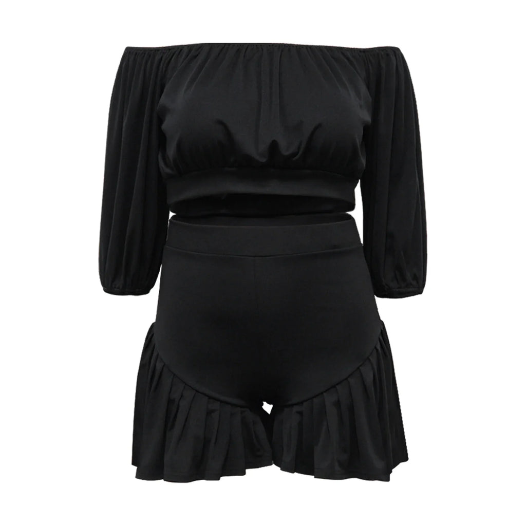 Plus Size Women's Set Long Sleeve Slash Neck T-Shirt and Shorts Summer Ruched Two 2 Piece Set Outfits Tracksuit