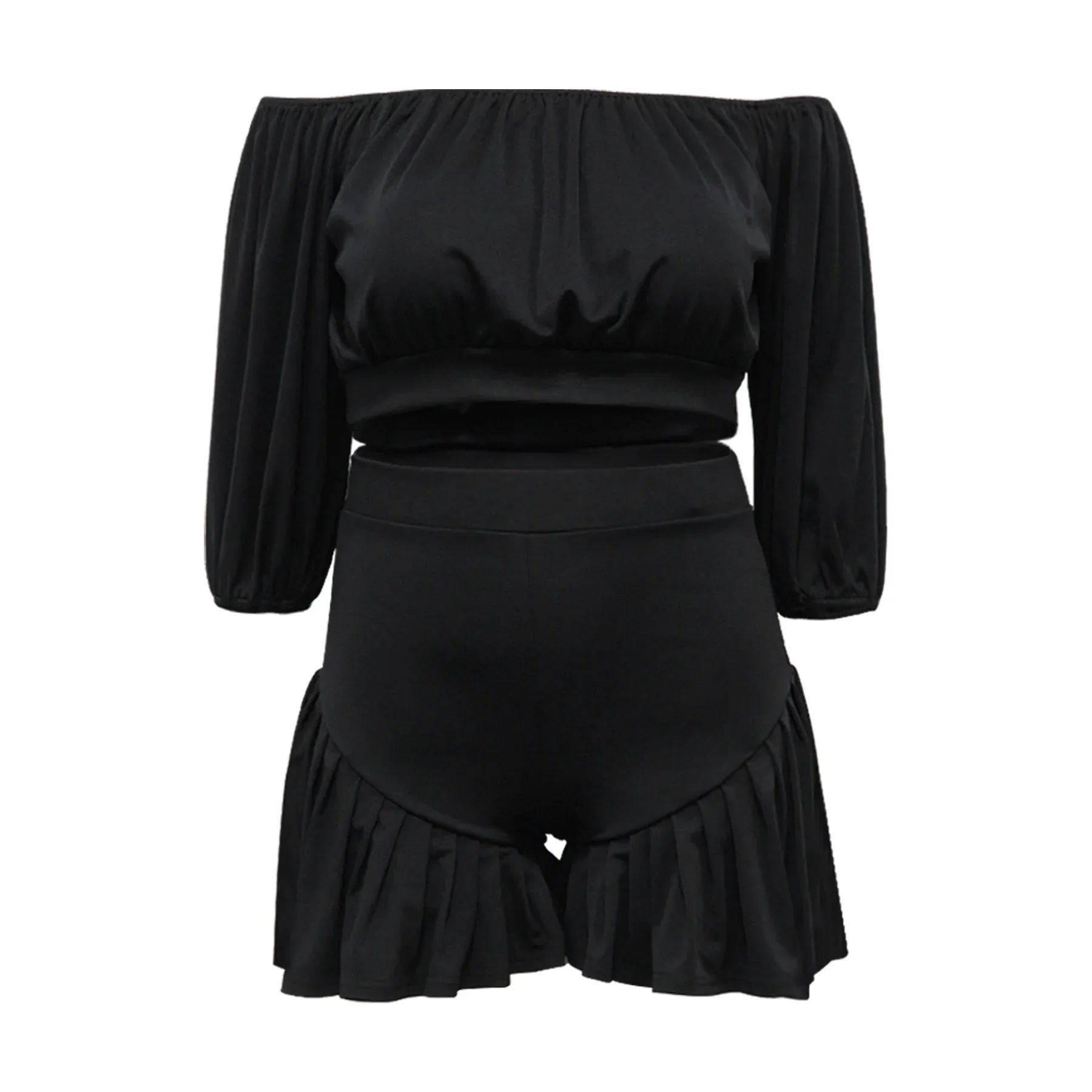 Plus Size Women's Set Long Sleeve Slash Neck T-Shirt and Shorts Summer Ruched Two 2 Piece Set Outfits Tracksuit