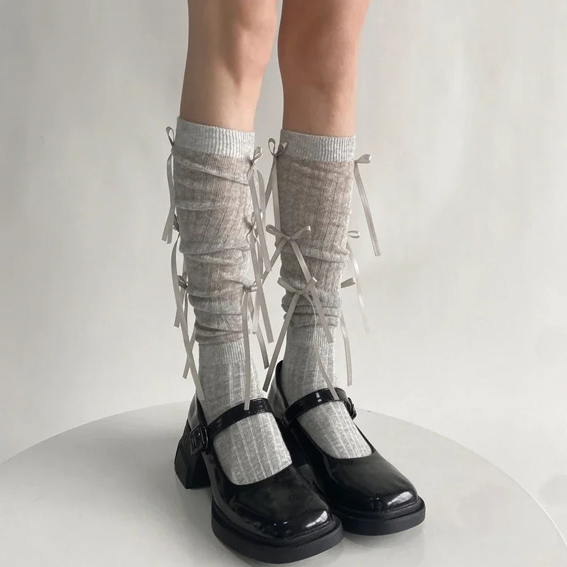 Sweet Lolita Style Stockings Students Fashion Basic Bowknot Knee-high Socks Cotton Fabric Women Mid-calf Sock