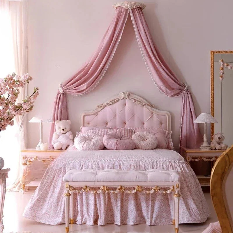 Solid Wood Pink Princess Bed European Leather Art Girl Single Bed