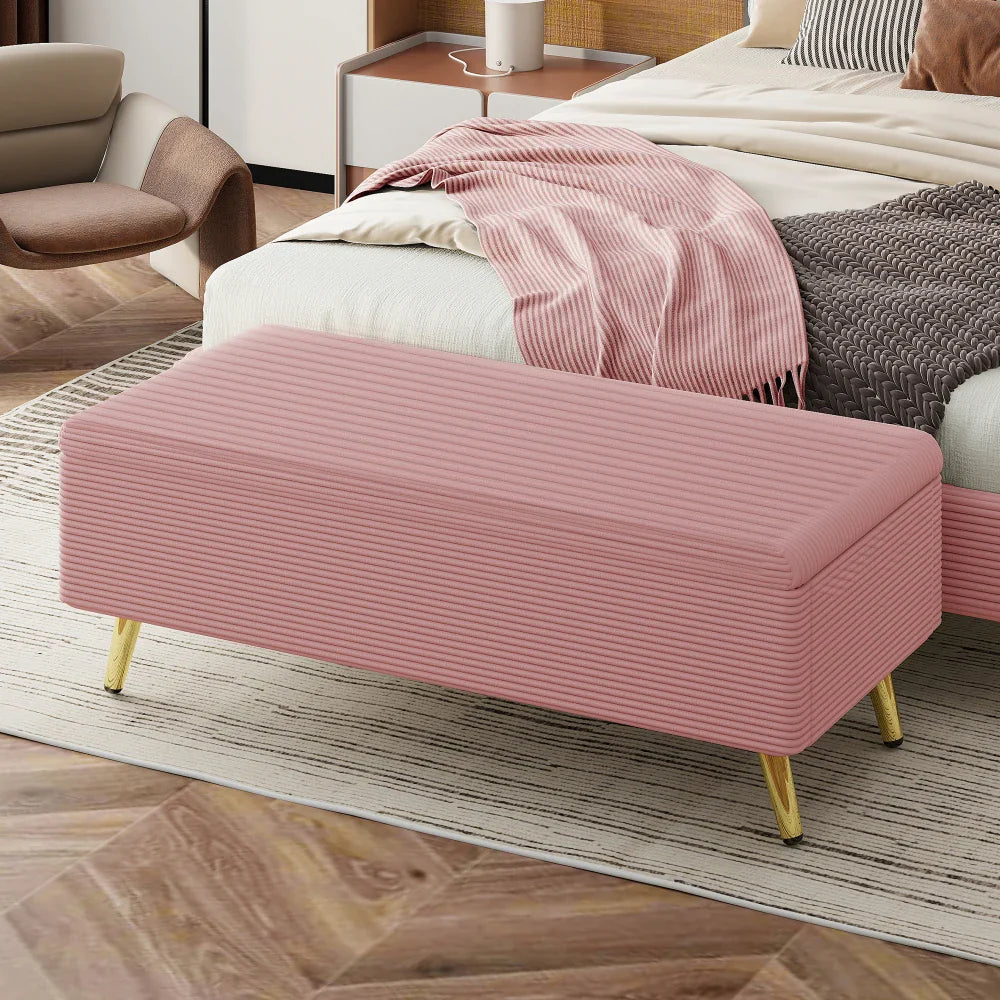 Pink 2 Pieces Bedroom Sets Queen Size Upholstered Bed Frame, Modern Corduroy Storage Ottoman