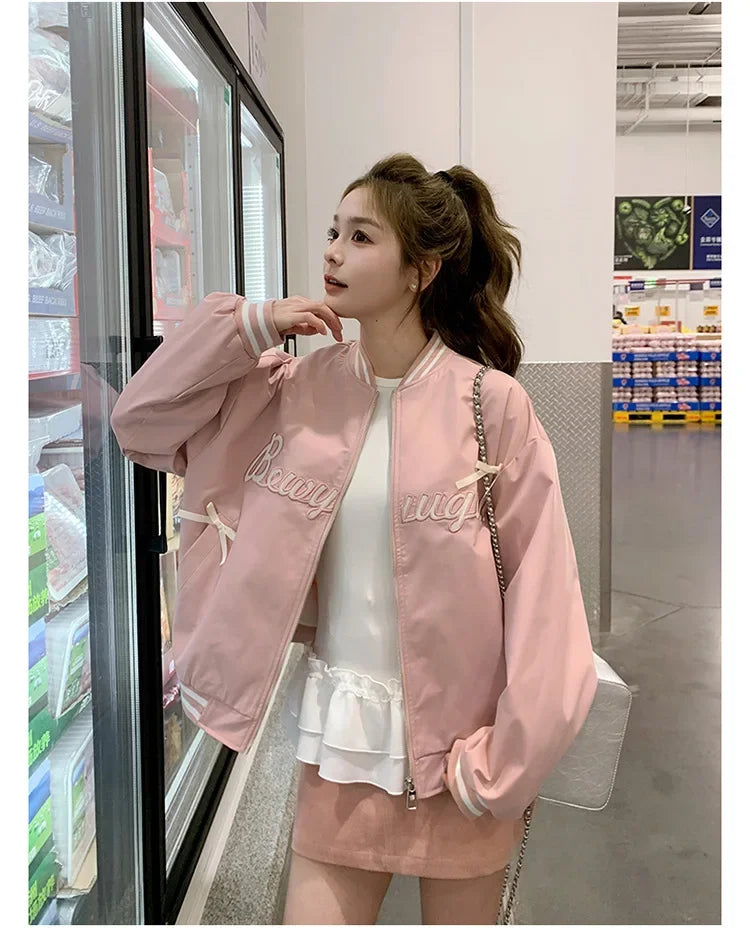 Sweet Butterfly Knot Pink Baseball Jacket Women's Spring Autumn Casual Loose Fit round Neck Full Sleeve Fashionable Coat