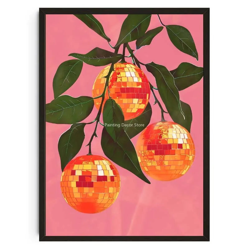 Retro Abstract Fruit Disco Ball Orange Miorrorball Creative Poster Canvas Paintings Wall Art Pictures
