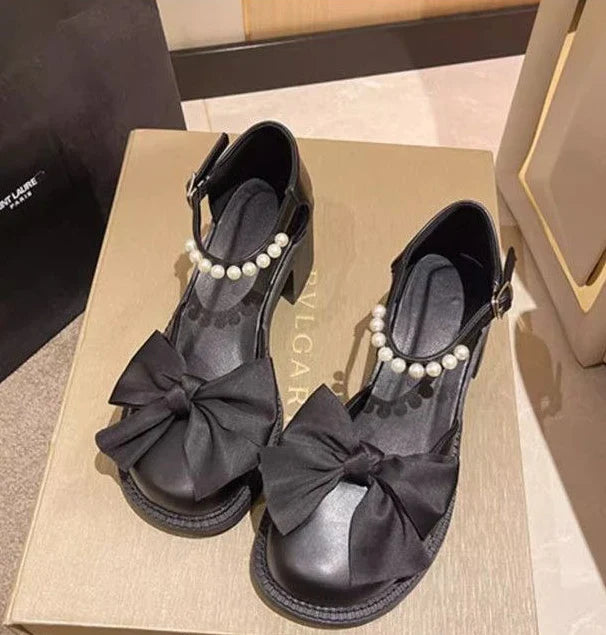 Ladies Luxury Bow Pearl With Medium Heels Mary Jane Shoes