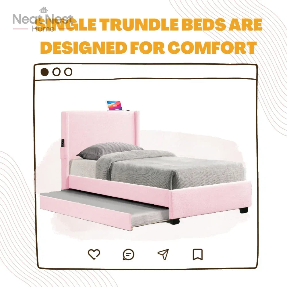 Pink Twin Size Bed Frame with Removable Trundle USB Functionality, Single Bed .Bedroom Furniture No Box Spring Required Bed Frame