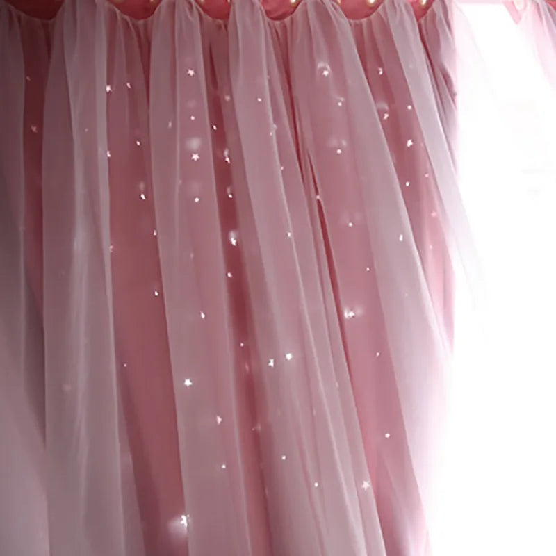 Double-Deck Princess Curtains for Living Room Hollow Stars Lace Curtain for Bedroom Shade Curtain Tulle Cloth