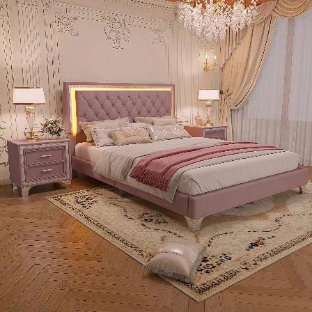 Three -Piece Upholstered Platform Bed Set with LED Lights and Nightstands Pink Velvet Foam-Filled Elegance & Ambiance Easy