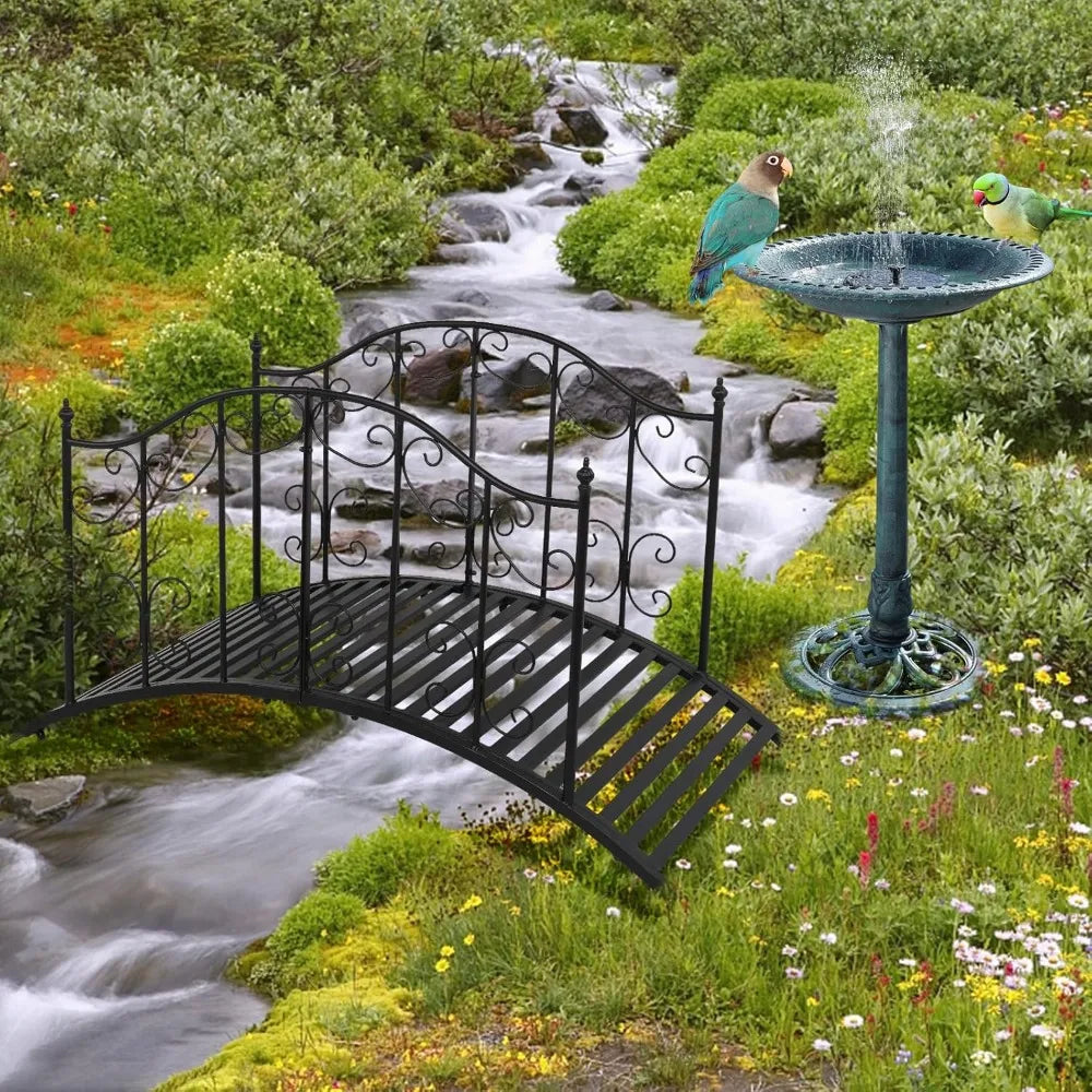 Garden Bridge Metal Yard Arch Path Bridge with Patterned Guardrails, Ourdoor Decorative Black Iron Foot Bridge for Pond