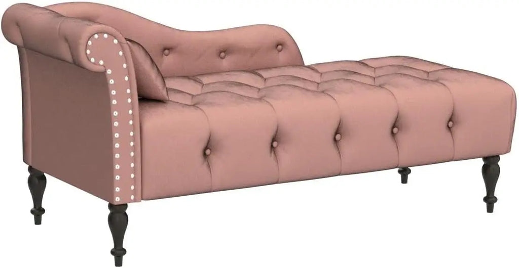 Upholstered Velvet Rolled Arm Chaise Lounges Indoor Chair, Right Arm Facing Chaise Lounge with Nailhead Trim and 1 Pillow