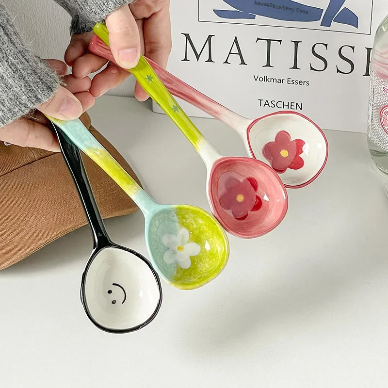 Kawaii Cute Ceramic Flower Spoon Hand Painted Dessert Spoon With Long Handle