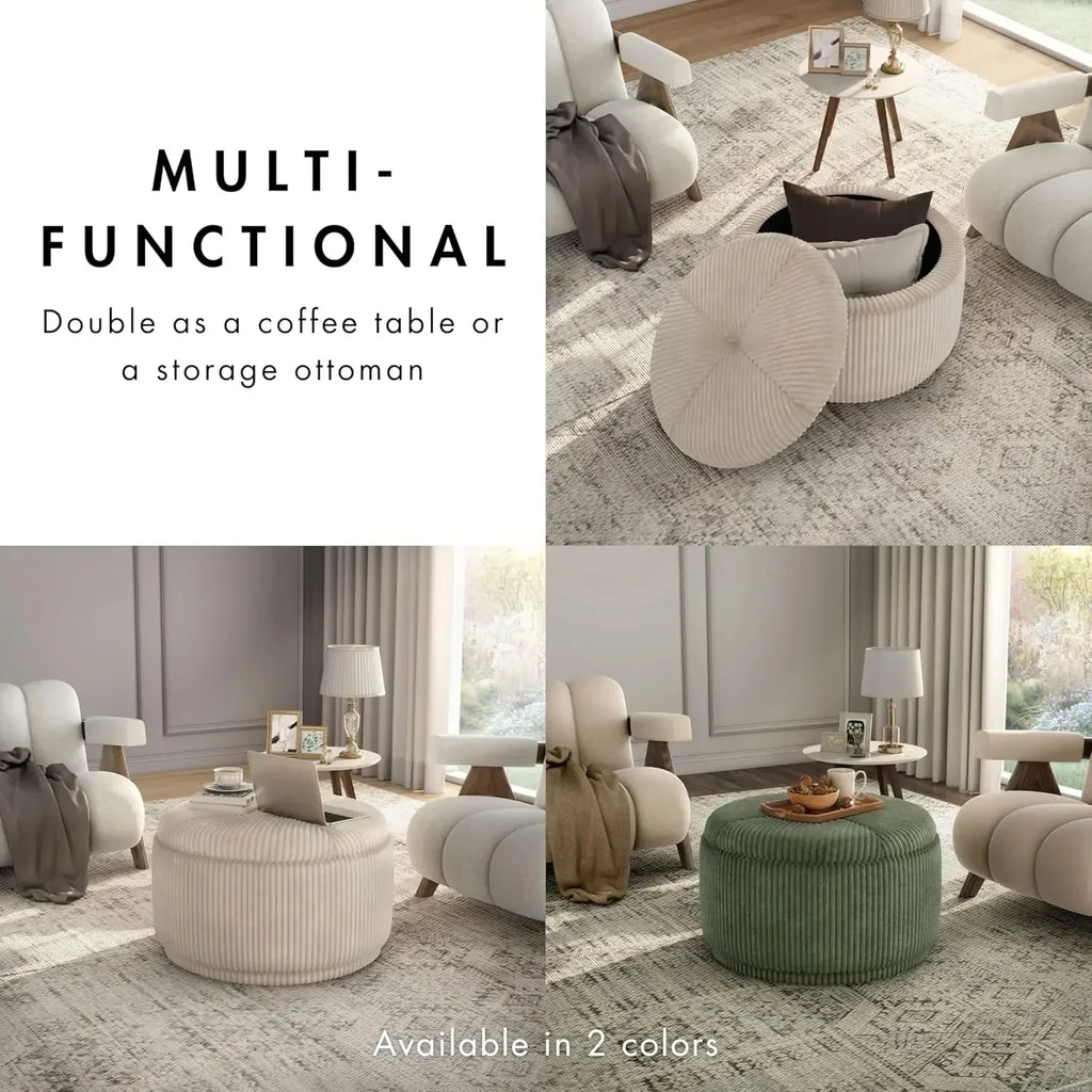 Modern Chenille 29-inch Round Storage Ottoman with Flip Top, Upholstered Footstool, Circle Coffee Table