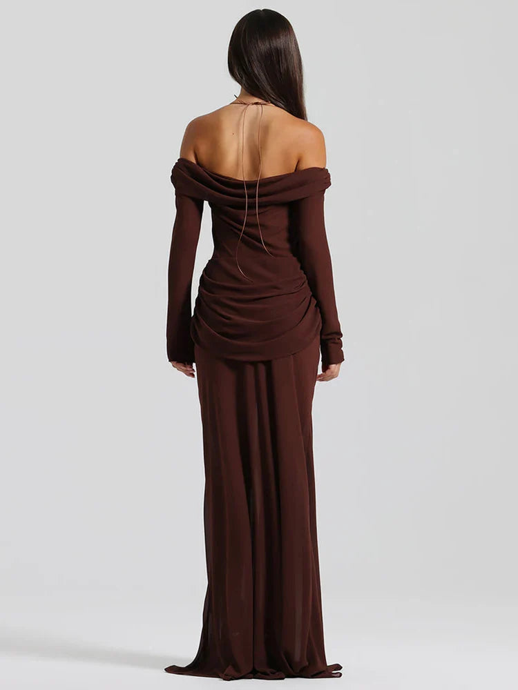 Hollow Out Ruched Sexy Maxi Dress Women Gown Halter Long Sleeve Strapless Backless Draped Slim Elegant Long Dress