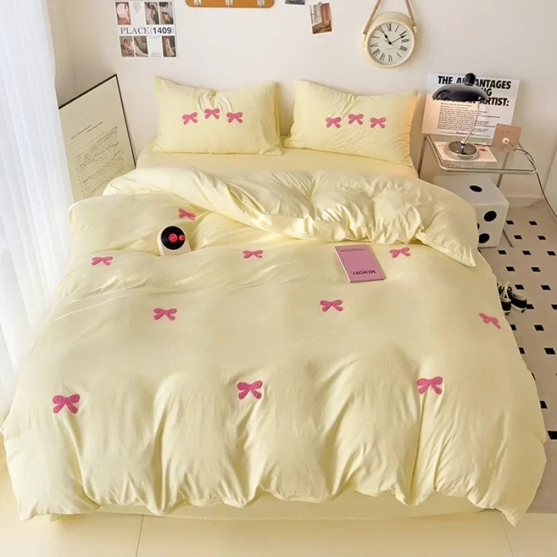 Girls Bedding Set with Bow Korean Breathable Duvet Cover No Filler Flat Sheet Pillowcases Mix Color Comforter Cover Set
