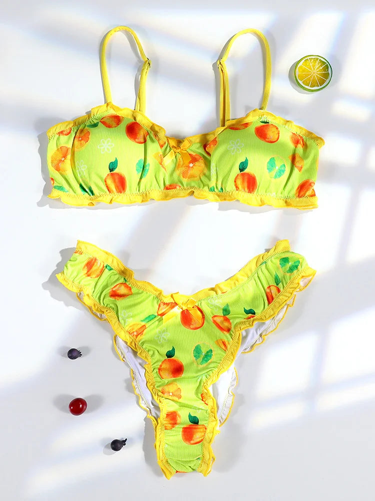 Fruit Ruffle Two Piece Suit Print Low Waist Women Swimwear