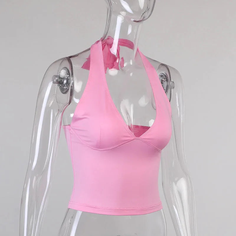Summer Halter Camisole Tank Top Women V-Neck Sexy Tanks Camis Skinny Backless Pink Corset Tee Shirt Femme Tops WomanT-shirt