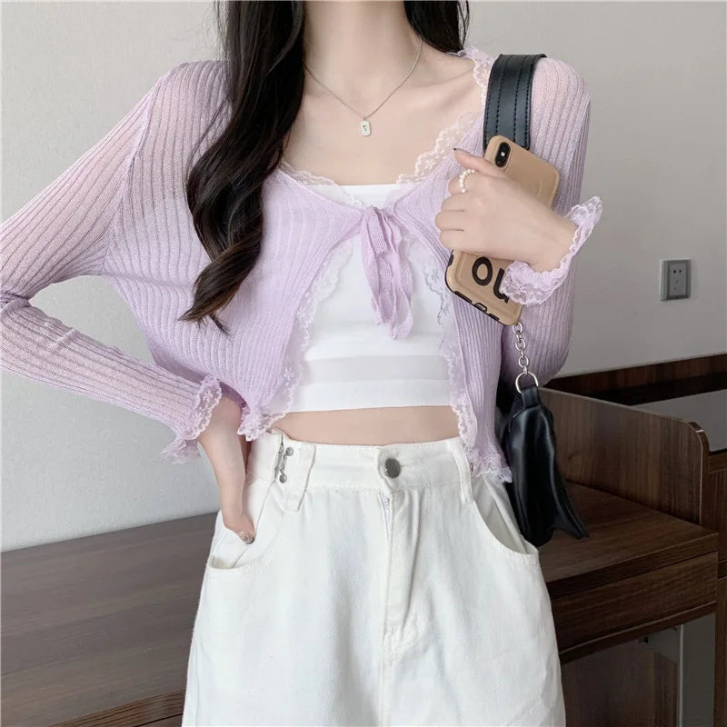 Lace Knitted Cardigans Long Sleeved Short Lace-Up Thin Shawl