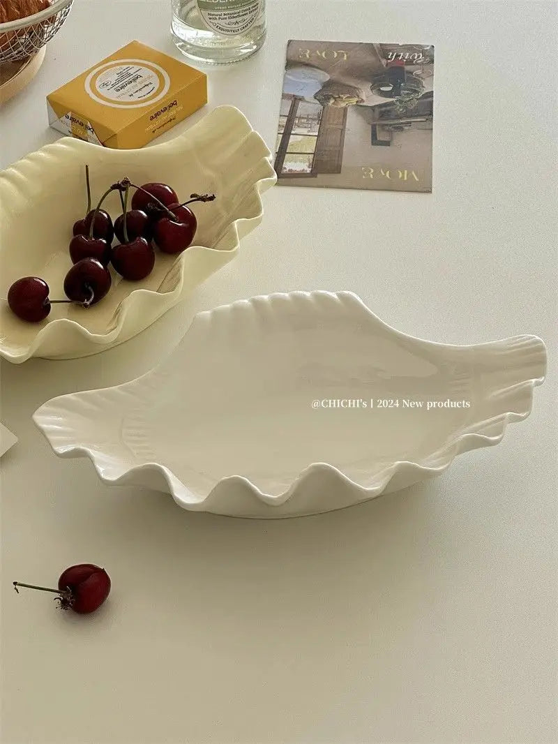 French Vintage Relief Ceramic Big Shell Shaped Dish