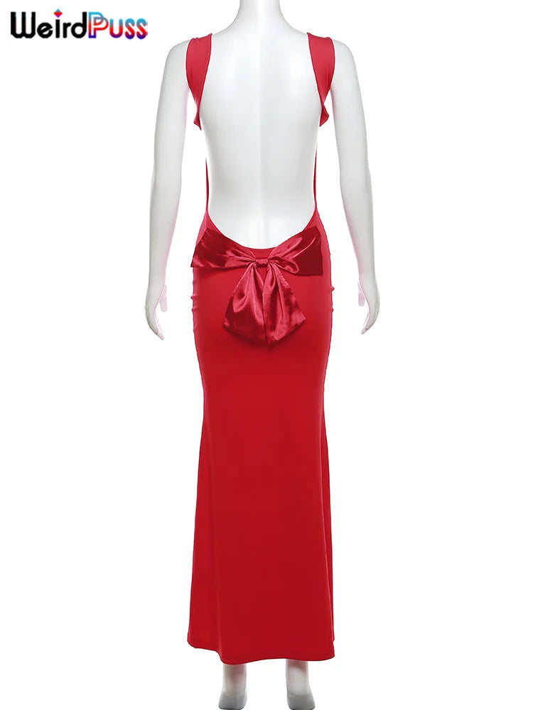 Sleeveless Sexy Backless Bow Lace Up Slim Bodycon Dress