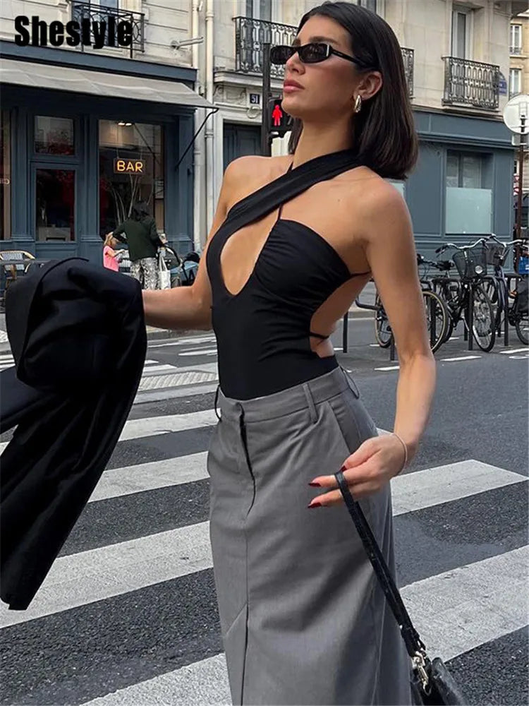 Cross Spaghetti Strap Black Bodysuit Women Cleavage Backless Sexy Solid Camisole Thong