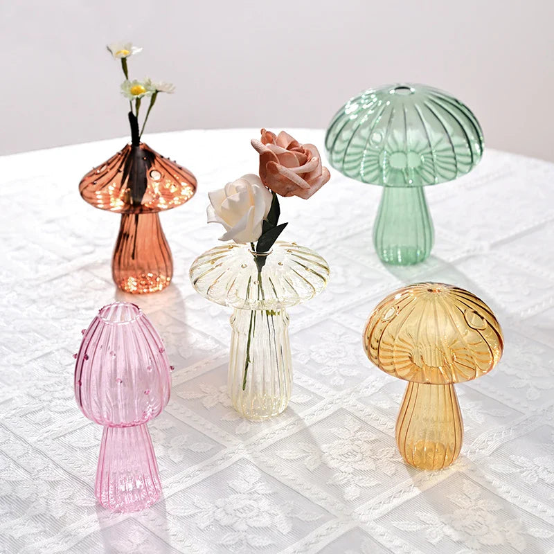 Mushroom Glass Vase Transparent Flower Pot Hydroponic Flower Bottle Jelly Color Plant Pots Aromatherapy Bottle Desktop Decor