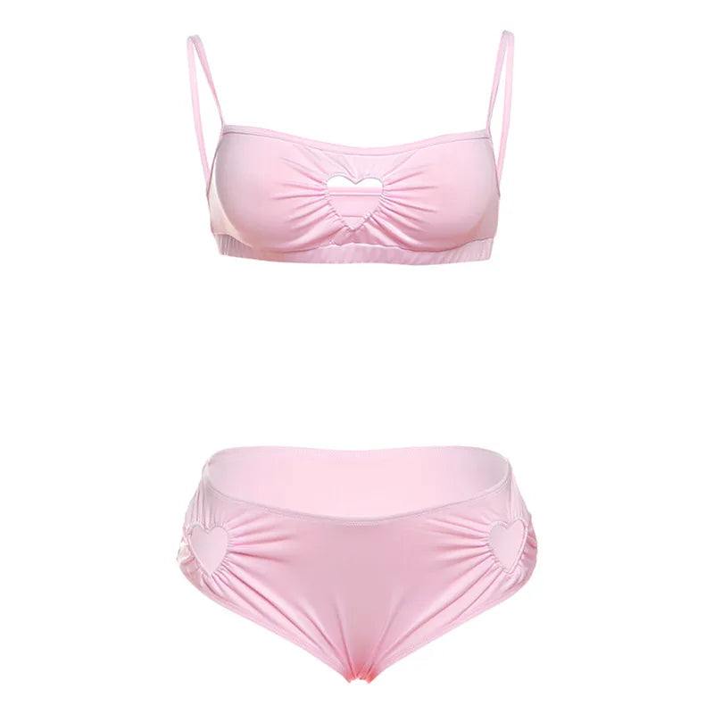 Women Sweet Pink Hollowed-out Heart Two Piece Set