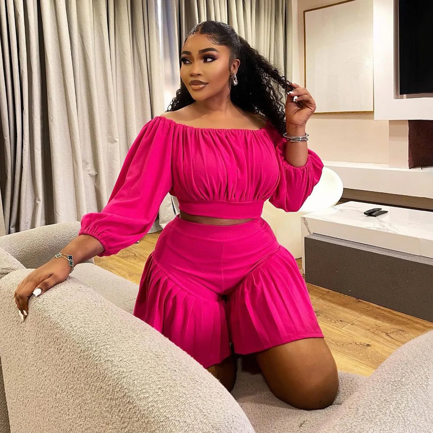 Plus Size Women's Set Long Sleeve Slash Neck T-Shirt and Shorts Summer Ruched Two 2 Piece Set Outfits Tracksuit