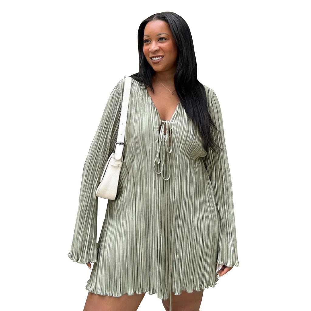 Long Sleeve Women V-neck Pleated Dress Casual Streetwear Plus Size Mini Dresses Party Casual