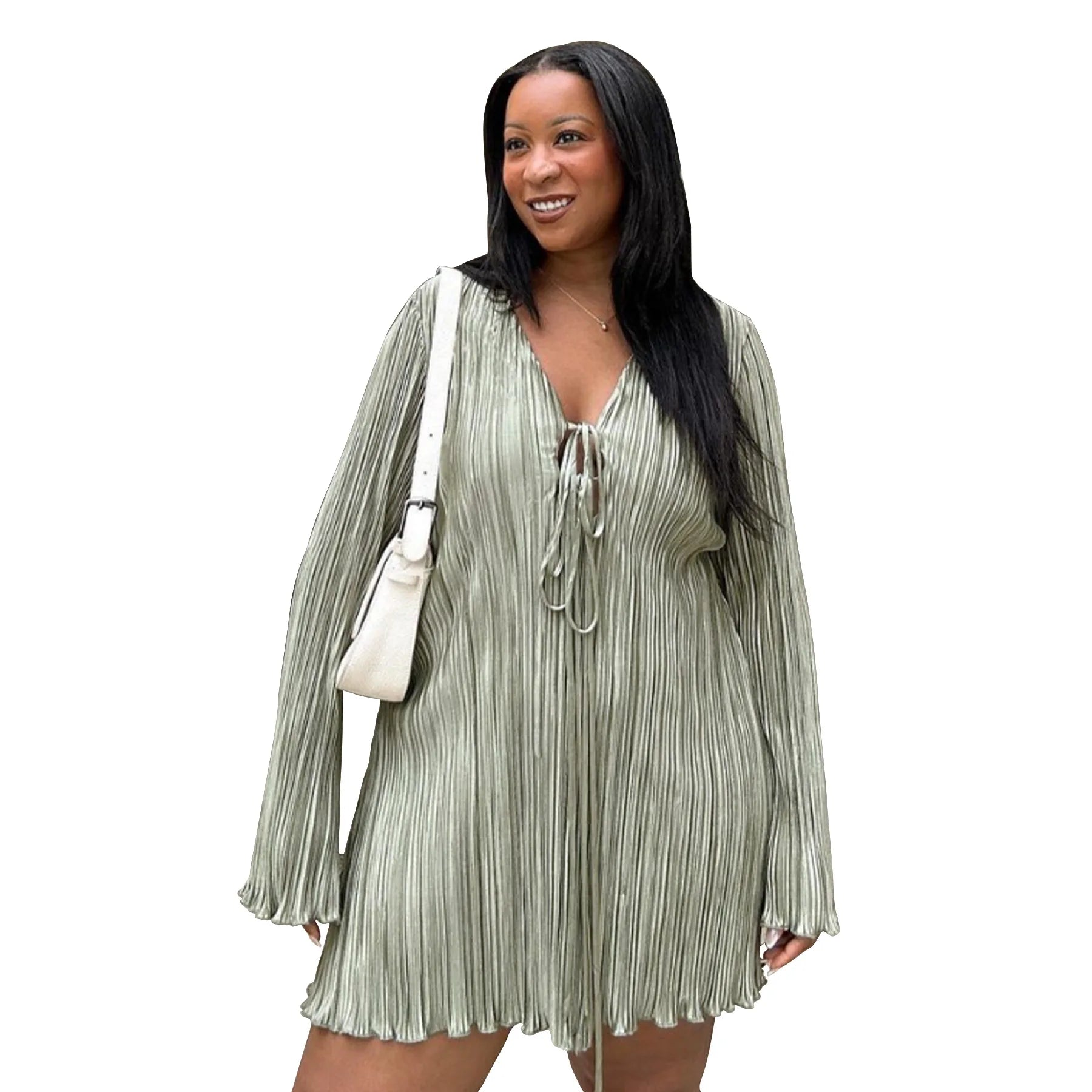 Long Sleeve Women V-neck Pleated Dress Casual Streetwear Plus Size Mini Dresses Party Casual