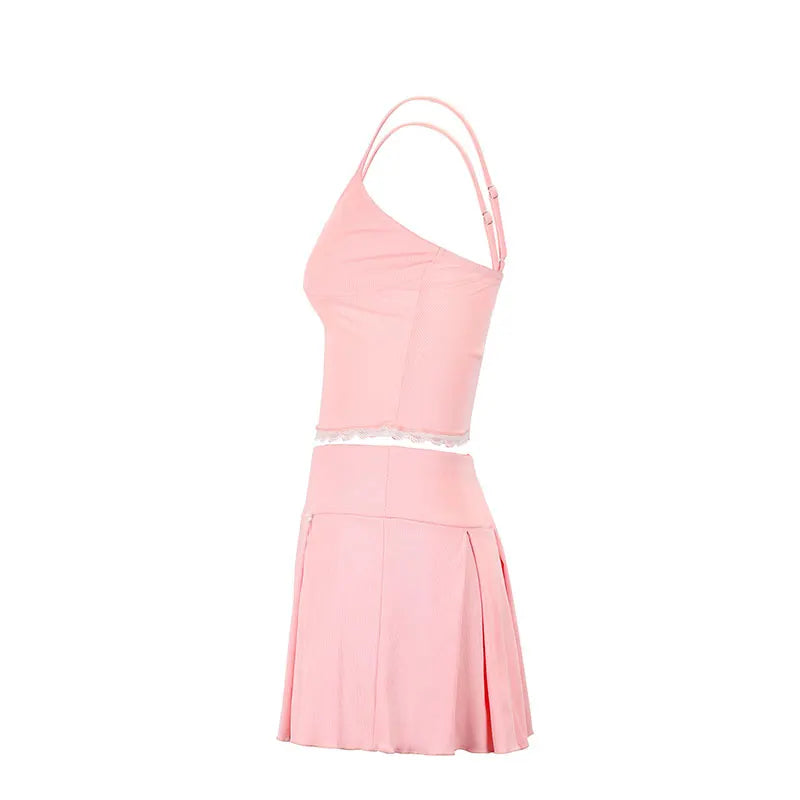 Women's 2 Piece Streetwear New Bow Pleated Skirt Pink Sweet Sexy Lace Backless V-Neck