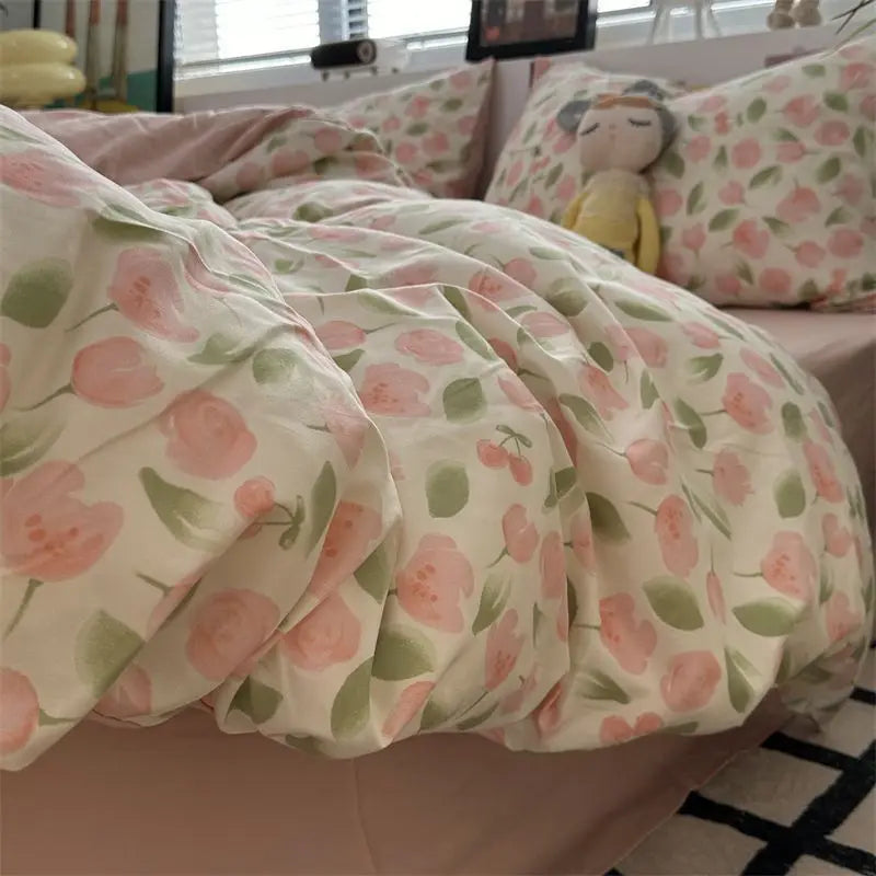 Romantic Cherry Heart Duvet Cover Set Flat Sheet Pillowcases Fashion New Twin Full Floral Bedding Set