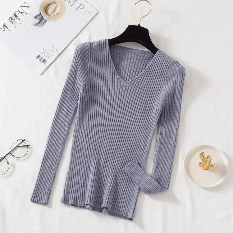 Women Sweaters Casual Long Sleeve Knitted V Neck Pullover Sweater Femme Basic Solid Jersey Tops Fashion Clothes
