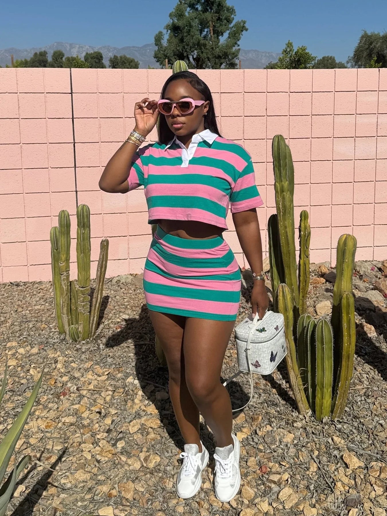 Striped Print Two Piece Set Women Casual Lapel Short Sleeved Polo Tshirt Skirt Two Piece Set Women