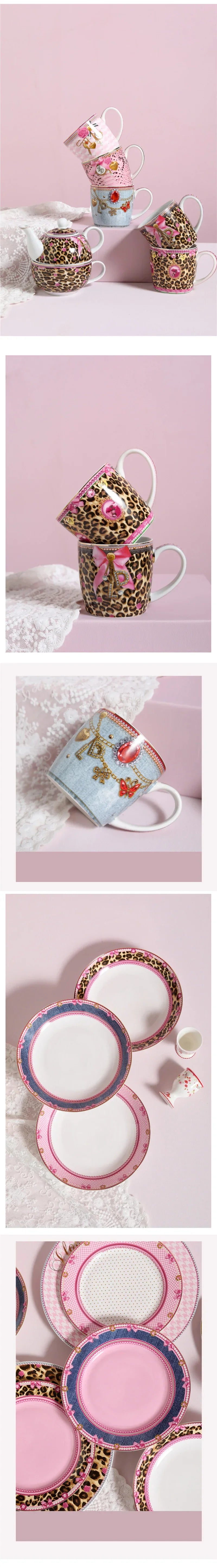 Pink Heart Shaped Dining Plate, Breakfast Tray, Ceramic Lace, Leopard Pattern Tableware, Afternoon Tea Salad Dessert