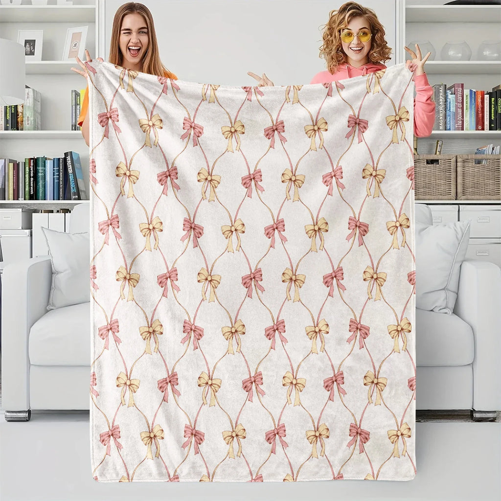 Pink Bow Blanket, Flannel Decorative Blanket, Bedding Accessories, Soft Cozy Warm Blanket