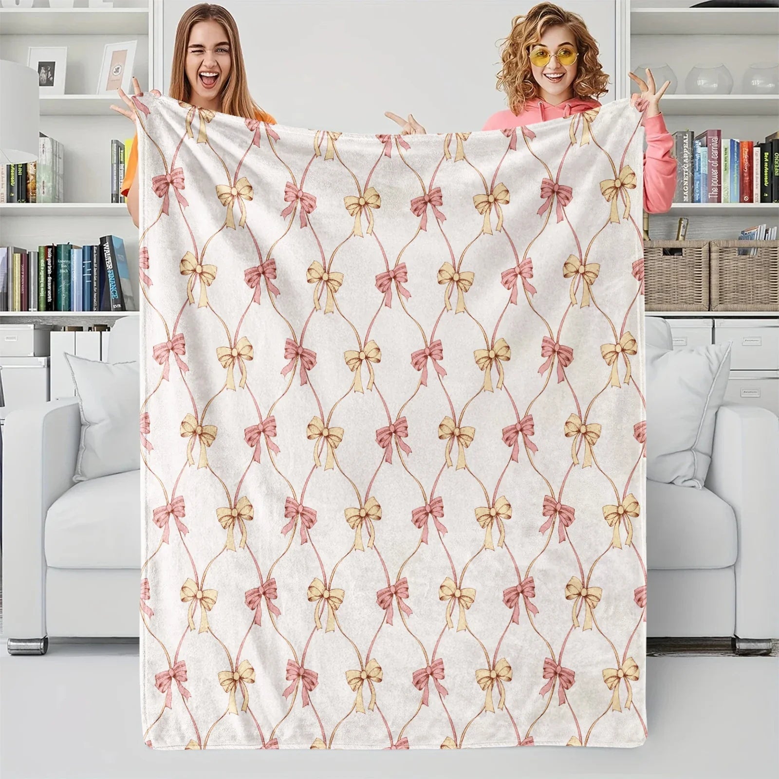 Pink Bow Blanket, Flannel Decorative Blanket, Bedding Accessories, Soft Cozy Warm Blanket