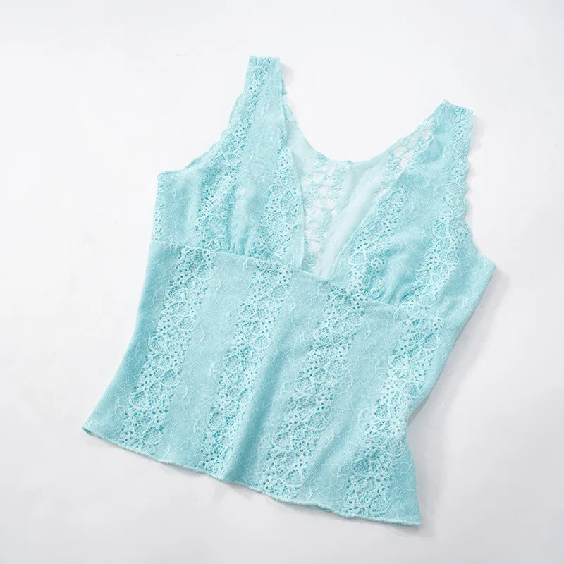 Woman Clothes Lace Tank Tops Sexy Deep V-neck See-through Sleeveless Blue T Shirt Female Corset Crop Top Party Clubwear