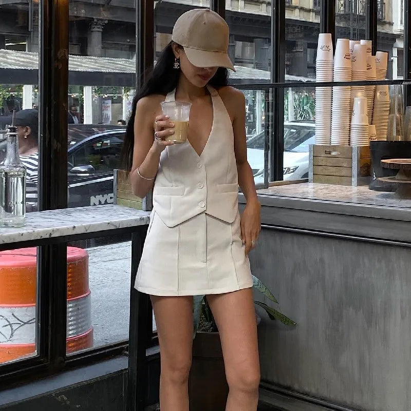 V-neck Sleeveless Suit Tank Top With High-waist Bodycon Hip Skirt Streetwear Retro Women 2 Piece Sets
